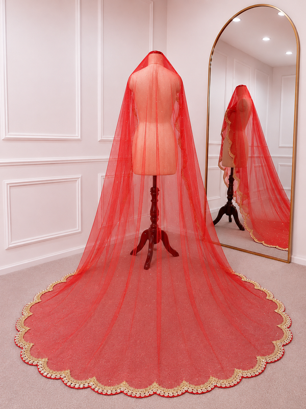Serena Red Bridal Veil with premium Embroidery | V1052 | Wedding Veil