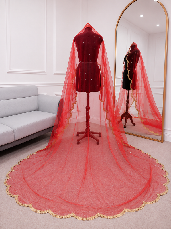 Rajnandini Red Bridal Veil with Mirror Embroidery | V1040 | Wedding Veil