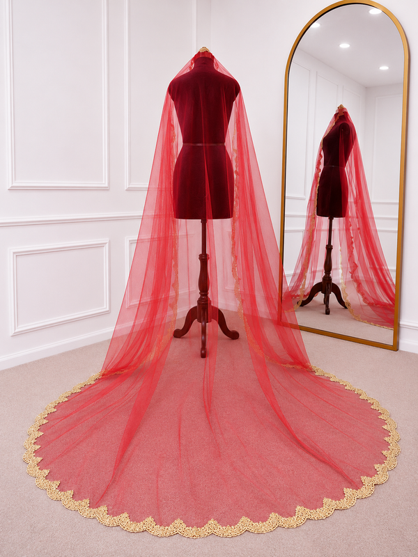 Anvaya Red Bridal Veil with Heritage Gold Embroidered Border | V1032 | Wedding Veil