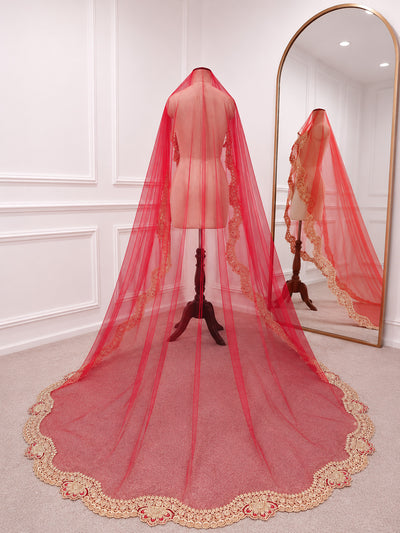 Nirupama Luxury Red Bridal Veil with Royal Embroidered Border| V1007 | Wedding Veil