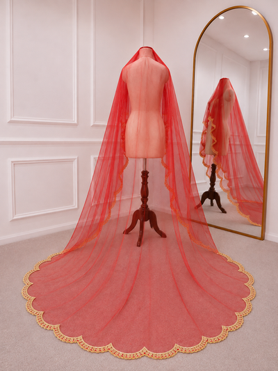 Eleanor Red Bridal Veil with premium Embroidery | V1056 | Wedding Veil