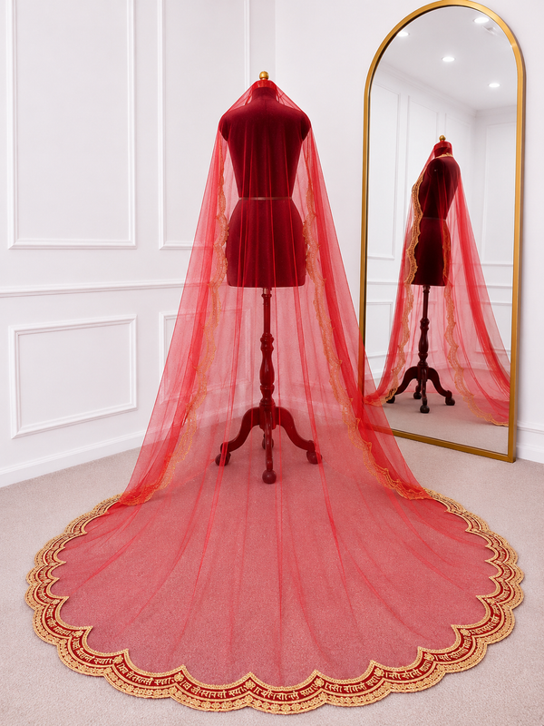 Sada Saubhagyavati Red Bridal Veil with Hand Embroidered Border | V1030 | Wedding Veil