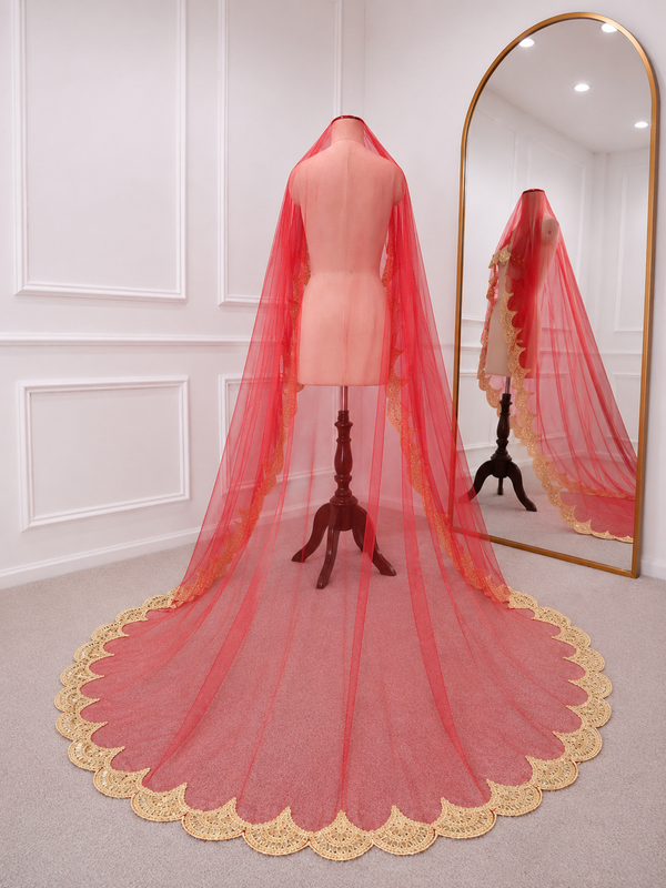 Roselyn Red Bridal Veil with premium Embroidery | V1048 | Wedding Veil