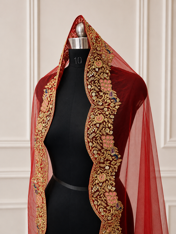 Juliana Red Bridal Veil with premium Embroidery | V1063 | Wedding Veil