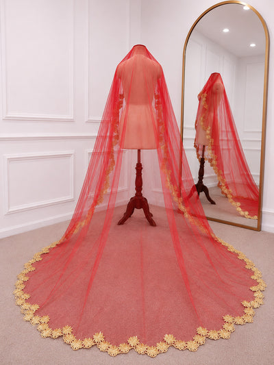 Meher Luxury Red Bridal Veil with Intricate Gold Embroidered Border | V1013 | Wedding Veil