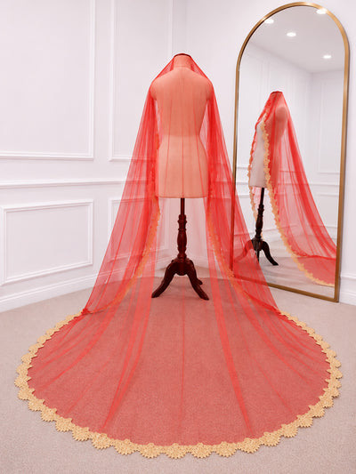 Aaradhya Luxury Red Bridal Veil with Floral Embroidered Border | KYMA India| V1008 | Wedding Veil
