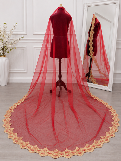 Evara Red Bridal Veil with scallop Embroidered Border | V1029 | Wedding Veil