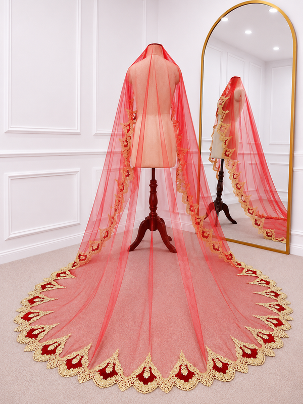 Astera Red Bridal Veil with Signature Embroidered Border | V1028 | Wedding Veil