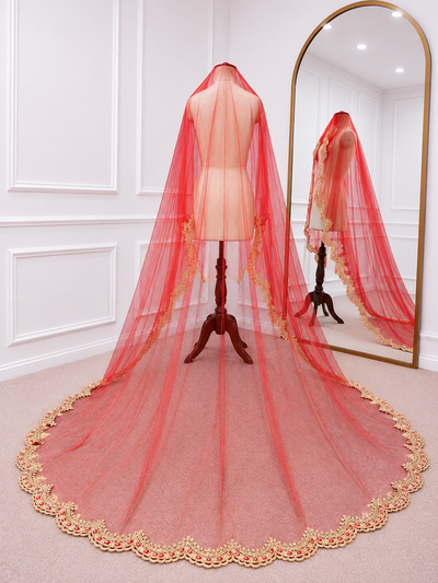 Shahi Noor Luxury Red Bridal Veil with Regal Zari Embroidered Border | KYMA India | V1015 | Wedding Veil
