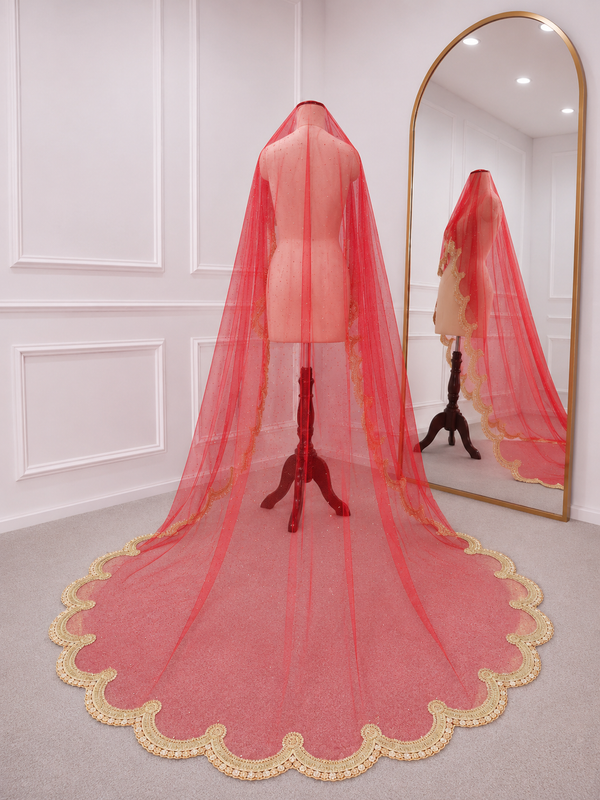 Victoria Red Bridal Veil with premium Embroidery | V1049 | Wedding Veil