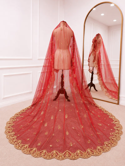 Heer Luxury Red Bridal Veil with Royal Gold Embroidered Border | V1016 | Wedding Veil