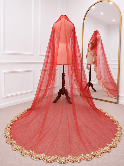 Aurelia Red Bridal Veil with Hand Embroidered Border | V1017 | Wedding Veil