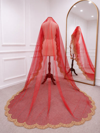 Chandrika Luxury Red Bridal Veil with Scallop Embroidered Border | V1006 | Wedding Veil