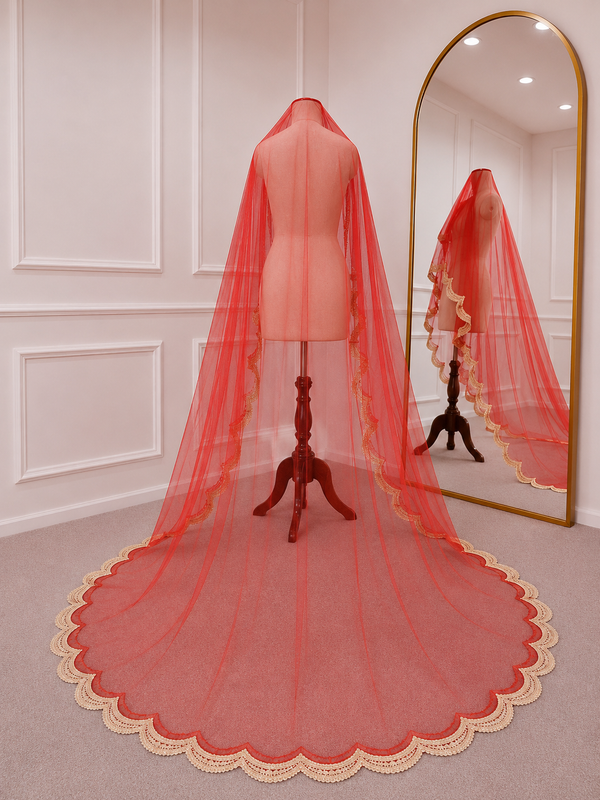 Lilia Red Bridal Veil with premium Embroidery | V1059 | Wedding Veil