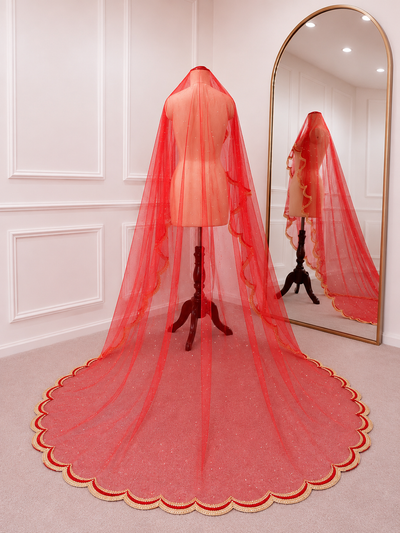 Clara Red Bridal Veil with premium Embroidery | V1051 | Wedding Veil