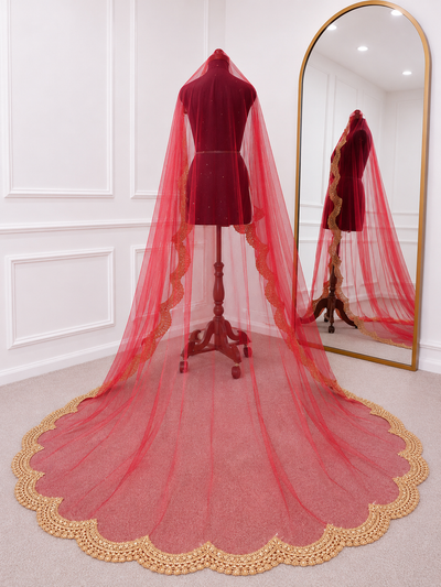 Rajsi Luxury Red Bridal Veil with Royal Gold Embroidered Border | KYMA India | V1010 | Wedding Veil