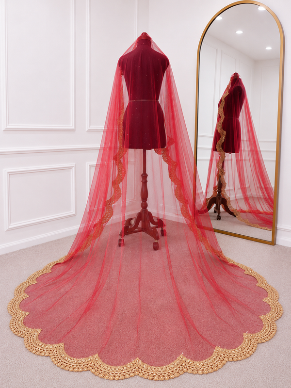Rajsi Luxury Red Bridal Veil with Royal Gold Embroidered Border | KYMA India | V1010 | Wedding Veil