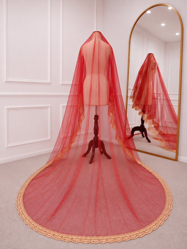 Amelia Red Bridal Veil with premium Embroidery | V1054 | Wedding Veil