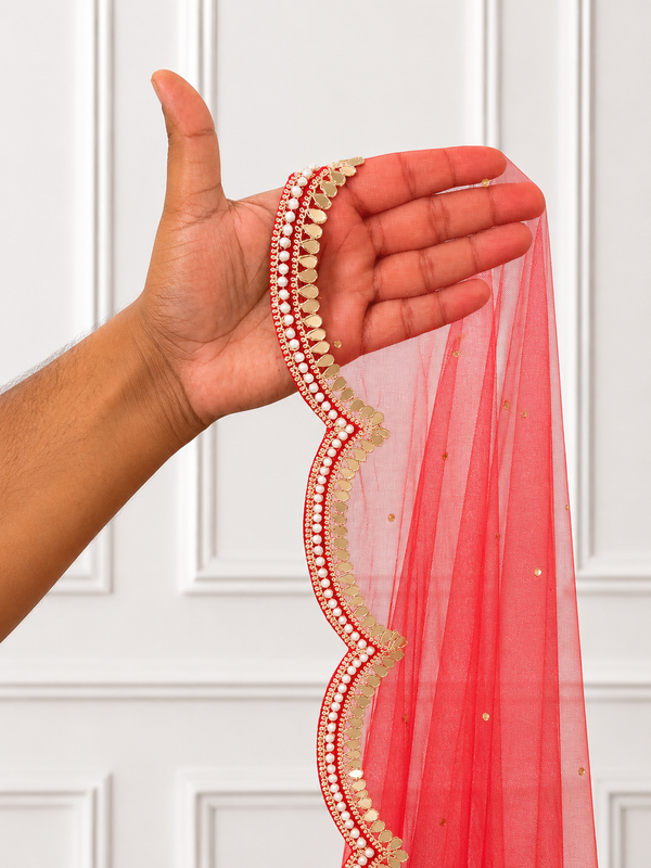 Lucille Red Bridal Veil with premium Embroidery | V1065 | Wedding Veil