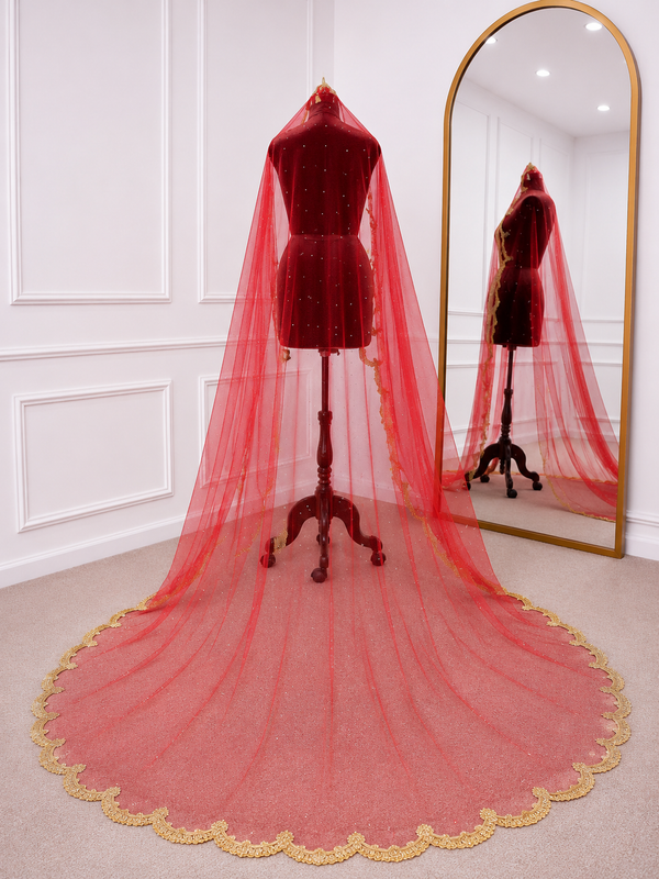 Royal Red Bridal Veil with Exquisite Hand Embroidered Border| V1034 | Wedding Veil