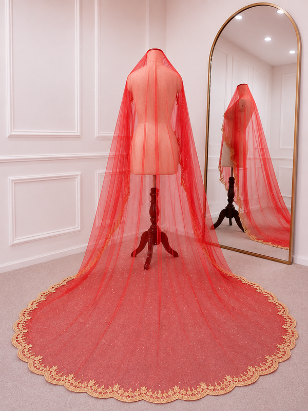 Helena Red Bridal Veil with Premium Embroidery by KYMA India