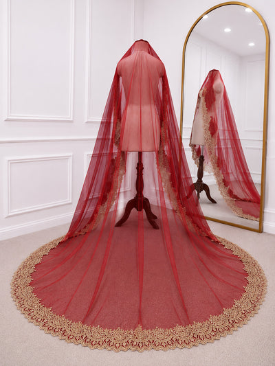 Aarna Red Bridal Veil with Luxury Embroidered Border | V1026 | Wedding Veil