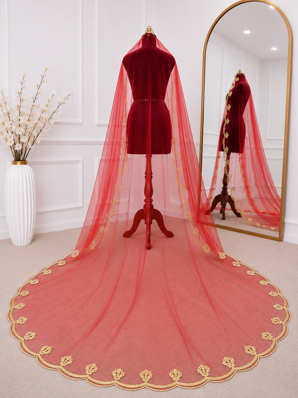 Indumati Bridal Veil with Elegant Gold Embroidered Border | V1039 | Wedding Veil