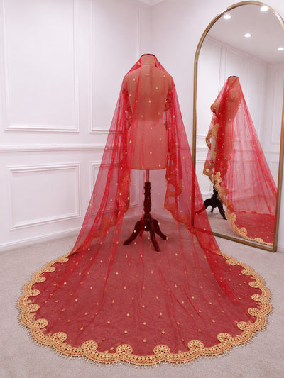 Rajlaxmi Luxury Red Bridal Veil with Pearl Embroidered Border | V1009 | Wedding Veil