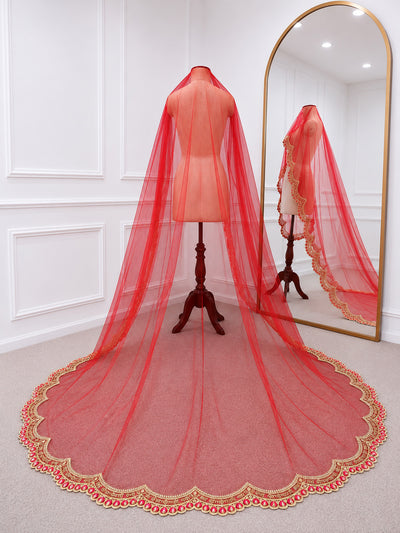 Saubhagyavati Luxury Red Bridal Veil with Signature Gold Embroidered Border | V1012 | Wedding Veil