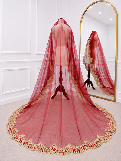 Saubhagyavati Red Bridal Veil with Signature Embroidered Border | V1027 | Wedding Veil