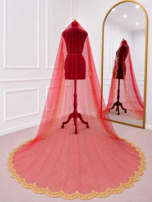 Elara Red Bridal Veil with Embroidery & Mirror Stone Work | V1038 | Wedding Veil