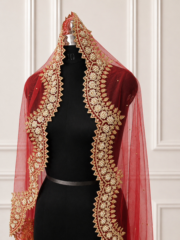 Arabella Red Bridal Veil with premium Embroidery | V1064 | Wedding Veil
