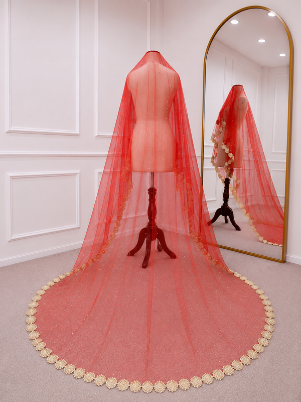 Juliette Red Bridal Veil with premium Embroidery | V1055 | Wedding Veil