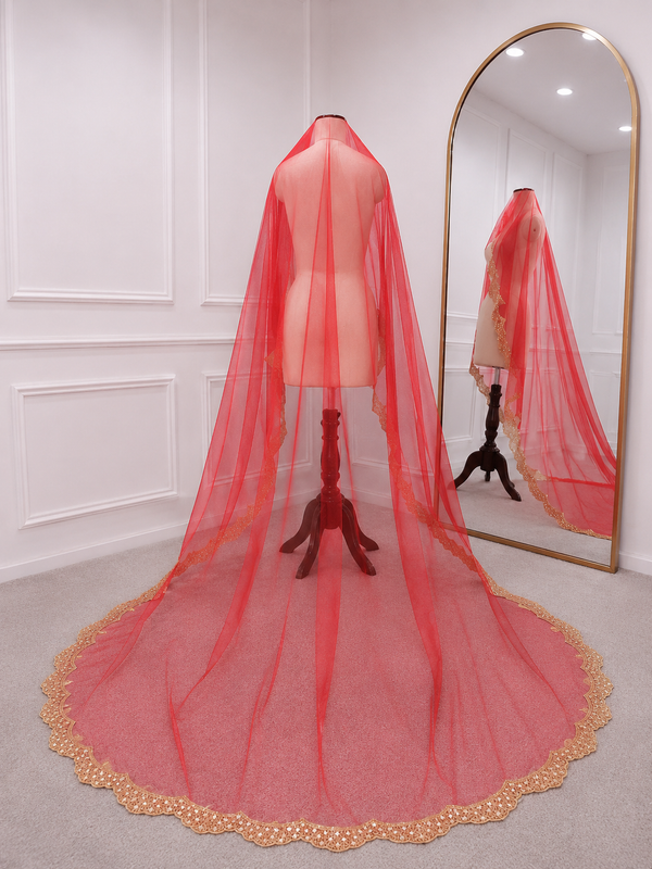 Gulmohar Red Bridal Veil with premium Embroidery | V1042 | Wedding Veil