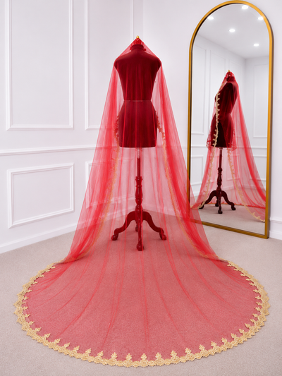 Zariyah Red Bridal Veil with Hand Embroidery & Mirror Stone Work | V1037 | Wedding Veil
