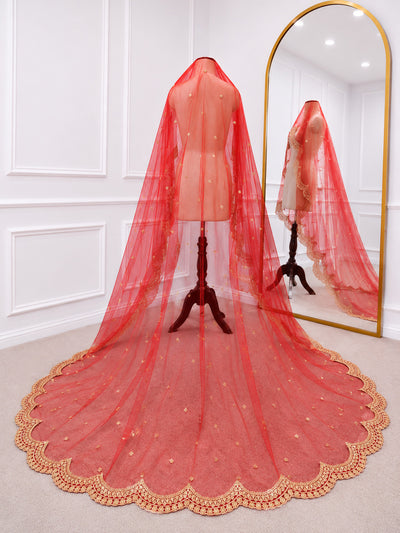 Noor Luxury Red Bridal Veil with Regal Gold Embroidery | V1011 | Wedding Veil