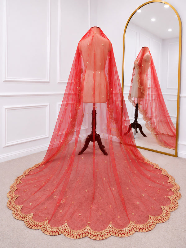 Noor Luxury Red Bridal Veil with Regal Gold Embroidery | V1011 | Wedding Veil