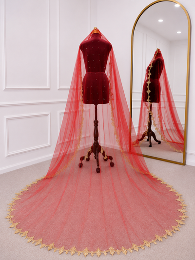 Zara Red Bridal Veil with Beads Embroidery | V1041 | Wedding Veil