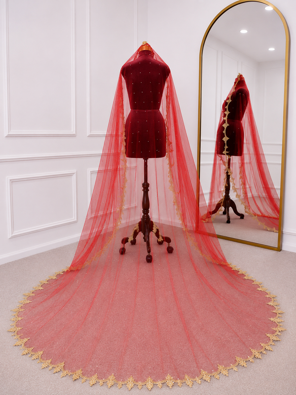 Zara Red Bridal Veil with Beads Embroidery | V1041 | Wedding Veil