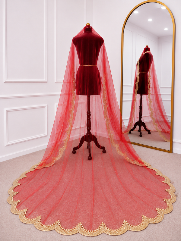 Aarya Red Bridal Veil with Elegant Embroidered Border | V1018 | Wedding Veil