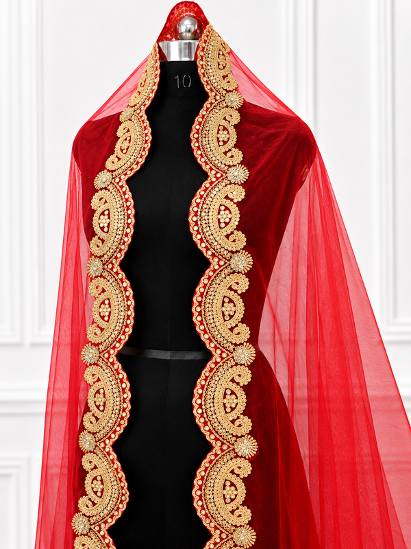 Aurelia Red Bridal Veil with Hand Embroidered Border | V1017 | Wedding Veil