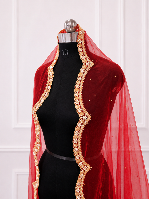 Asteria Red Bridal Veil with Royal Hand Embroidered Border | V1033 | Wedding Veil