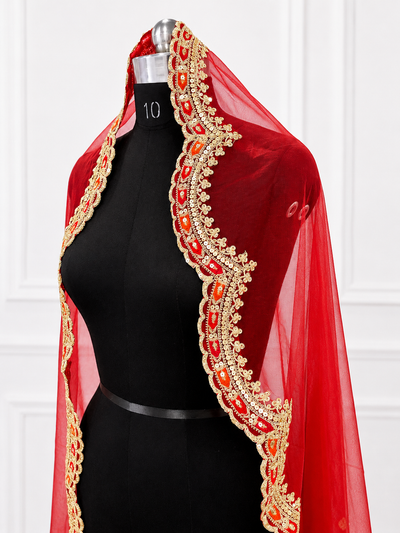 Shahi Noor Luxury Red Bridal Veil with Regal Zari Embroidered Border | KYMA India | V1015 | Wedding Veil