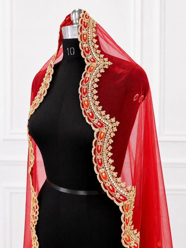 Shahi Noor Luxury Red Bridal Veil with Regal Zari Embroidered Border | KYMA India | V1015 | Wedding Veil