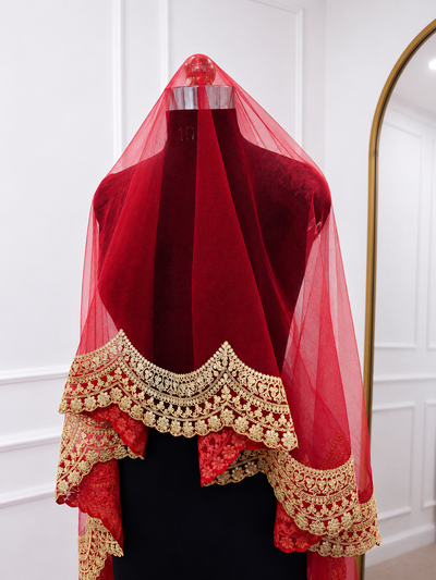 Rajsi Luxury Red Bridal Veil with Royal Gold Embroidered Border | KYMA India | V1010 | Wedding Veil