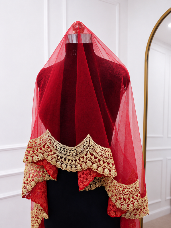 Rajsi Luxury Red Bridal Veil with Royal Gold Embroidered Border | KYMA India | V1010 | Wedding Veil