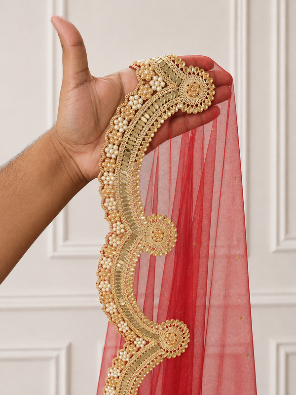 Victoria Red Bridal Veil with premium Embroidery | V1049 | Wedding Veil