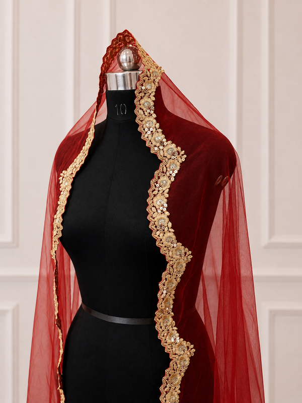 Vivian Red Bridal Veil with premium Embroidery | V1057 | Wedding Veil