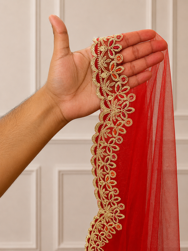 Isadora Red Bridal Veil with premium Embroidery | V1062 | Wedding Veil