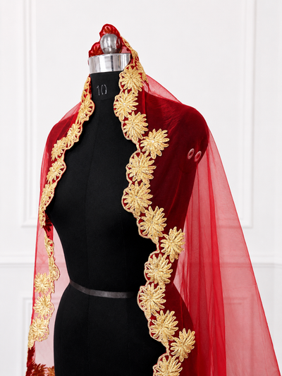 Meher Luxury Red Bridal Veil with Intricate Gold Embroidered Border | V1013 | Wedding Veil